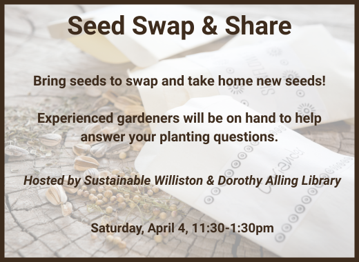Flyer for a Seed Swap & Share event with details about seed swapping, gardening help, event hosts, date, and time. Background shows seed packets and seeds on a table.